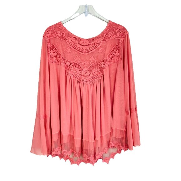 Indigo Thread 3X Coral Orange Chiffon Embroidered Popover Top Boho Back Buttons - Picture 1 of 9